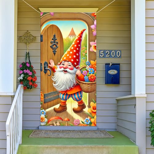 Image of Spring Gnome Door Cover 35x71in Flower Basket Mushroom