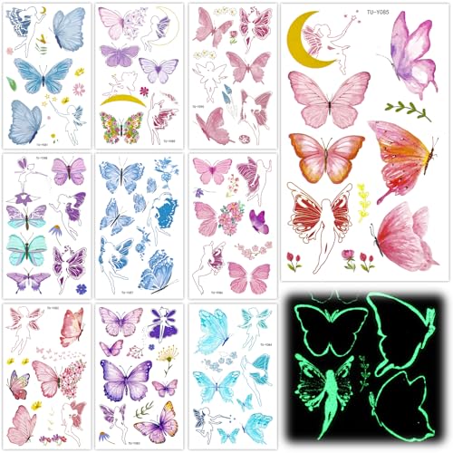 10 Feuilles Tatouages Temporaires Papillon Lumineux, Tatouages Papillon Brillants Dans le Noir Autocollants Tatouage Papillon Floral pour Enfants Filles Femmes...