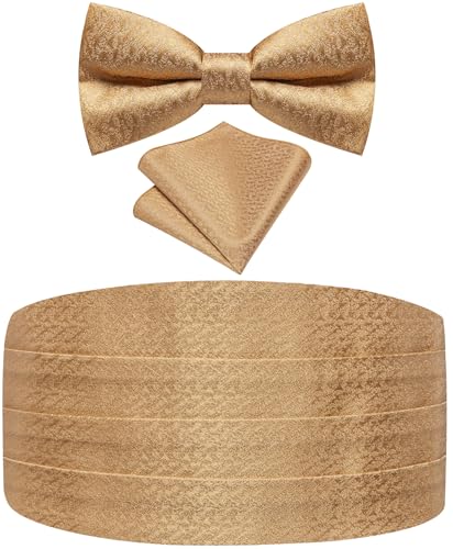 Image of Paisley Floral Tuxedo Cummerbund Bow Tie Pocket Square Set for Men | 3-piece set:cummerbund,bow tie&pocket square.Adjustable back for comfort.Silk blend,wedding,proms,black tie&formal events.