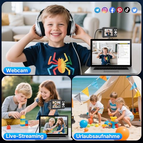 Digitalkamera Kompakte Kamera Fotokamera mit 44MP Foto, 1080P Video, 2,4 Zoll IPS Bildschirm, 16X Digitalzoom, 32GB TF-Karte, 2 Batterien, Geeignet für Jugendliche & Jungen, Mädchen Schwarz