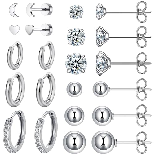 11 Pairs Surgical Steel Earrings Sets for Multiple Piercing Lightweight Small Huggie Hoop Earrings CZ Stud Earrings for Women Cartilage Trendy Hypoallergenic free combination（gold/silver/roes)
