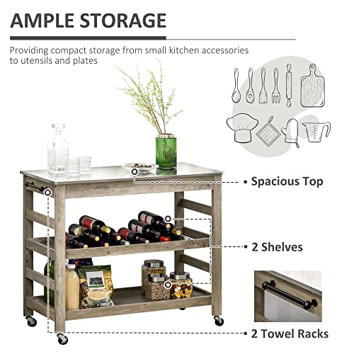 Homcomrollingkitchencartwithstainlesssteelcountertop1bottomshelf1slottedmiddleshelfand4castorwheelsgrey Urban Country Home Decor Homcom rolling kitchen cart with stainless steel countertop 1 bottom shelf 1 slotted middle shelf and 4 castor wheels grey urban country home decor