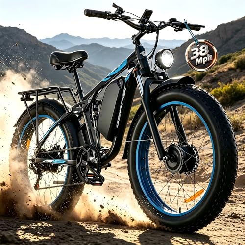 GERPSI AWD Electric Bike for Adults 48V 25AH Removable Battery Peak 4000W Power 26 Fat Tire Ebike Dual Motor Electric Bicycles Fast Dual Hydraulic Brakes 7-Speed All Terrain E-Bikes