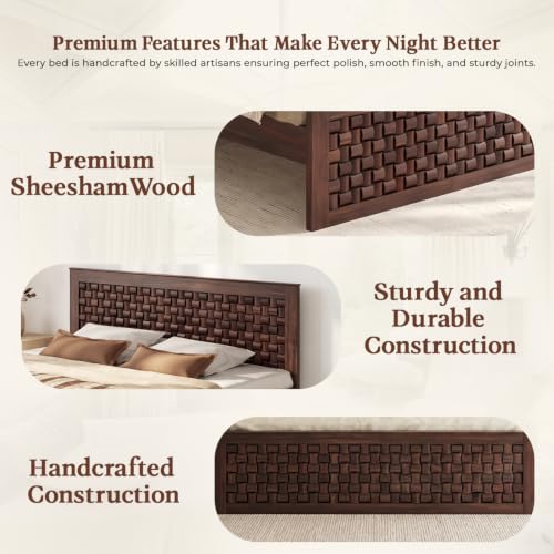 Image of WOODLAB Furniture Sheesham Wood King Size Bed Without Storage and with Niwar Style Headboard | Wooden Double Size Cot Palang for Bedroom Living Room Hotel and Home (Walnut Finish)