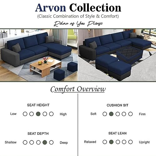 Image of FURNY -Arvon 3 Seater Fabric Sofa Set with 2 Puffy for Living Room in (Blue-Dark Grey)