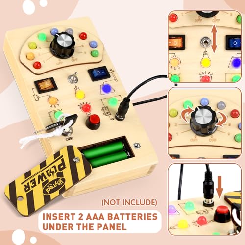 Image of Joyreal Toddler Busy Board, Wooden Montessori Busy Board Sensory Board with LED Light Switch, Sensory Toys Baby Fidget Board Travel Toys for Toddler