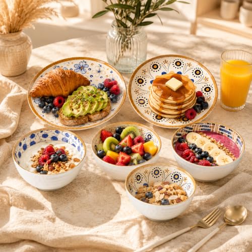 Image of 6-Piece Ceramic Dinner Set, 2 Plates & 4 Bowls, Microwave Safe, Dishwasher Safe, Floral Dinnerware (Multicolor, 2 Plate & 4 Bowl Set)