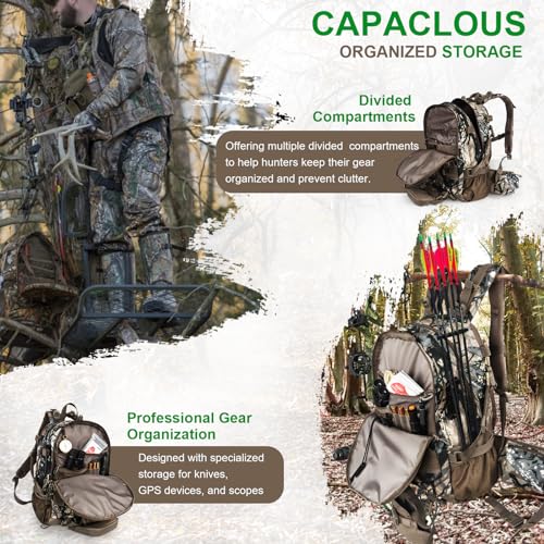 YVLEEN Hunting Backpack, Waterproof Camo Hunting Packs for Men, Durable Large Capacity Hunting Day Pack for Rifle Bow Gun