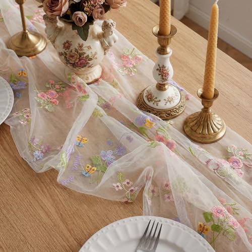 Windkream Ivory White Floral Table Runner 10ft Embroidery Tulle Spring Wildflower Table Runner Seasonal Summer Butterfly Kitchen Dining Gauze Decoration for Wedding Baby Shower Birthday Party (3 Pcs) by Windkream - Used condition - Image 4