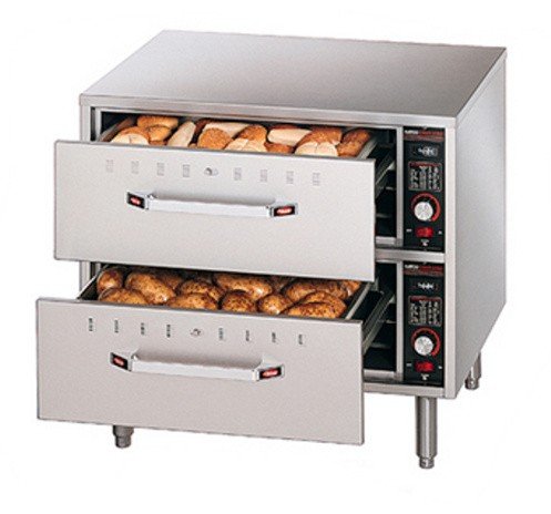 Hatco HDW-2 Two Drawer Warmer with both drawers open, showing bread and potatoes inside.