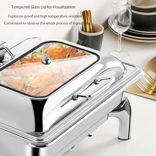 Servidor De Buffet De Acero Inoxidable 10L - Juego De Platos Rectangulares con Tapa De Vidrio, Bandeja De Agua Y Soporte De Combustible para Bodas, Banquetes, Fiestas