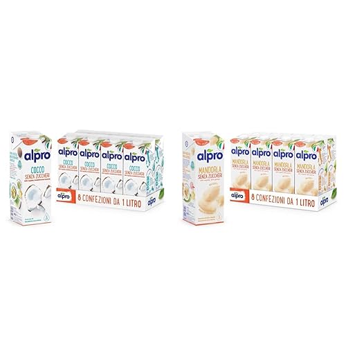 ALPRO SENZA ZUCCHERI, Bevanda al COCCO, 100% vegetale con vitamine B2, B12 e D (8 confezioni x 1 Litro) & SENZA ZUCCHERI, Bevanda alla MANDORLA, 100% vegetale con vitamine B2, B12 e D