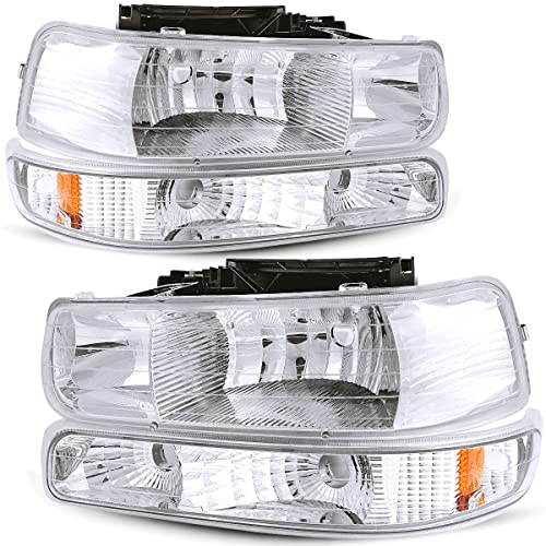 oEdRo Headlight Assembly Replacement for 1999-2002 Chevy Silverado 1500 2500/01-02 Chevy Silverado 1500HD 2500HD 3500/00-06 Tahoe&Suburban 1500 2500, Headlamp with Bumper Light Amber Reflector