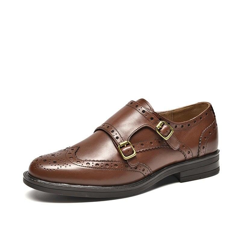 Genuine Leather Monk Strap Brogue Flats - Main Image