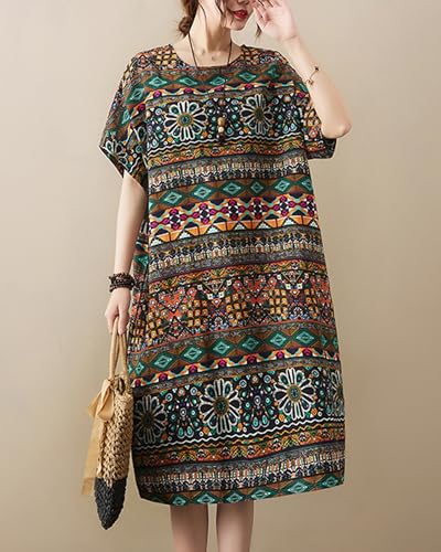 Image of LUZU JUNU Women's Summer Baggy Plus Size Loose Cotton Linen Long Boho Beach Dress with Pockets