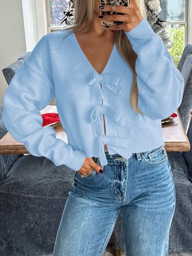 Image of Saodimallsu Womens Bow Sweater Cropped V Neck Long Sleeve Pullover Tops
