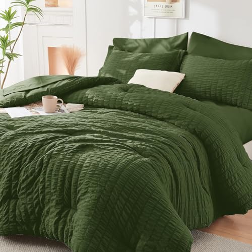 Image of HYMOKEGE Olive Green Full Size Comforter Sets Seersucker 7 Pieces, All Season Luxury Bed in a Bag for Bedroom, Bedding Set with Comforter, Sheets, Pillowcases & Shams