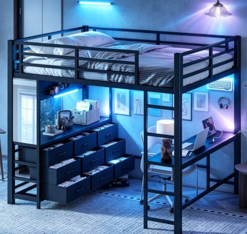 Image of Bellemave Metal Full Loft Bed Frame with Desk, Storage Drawers,USB,Mirror for Adults, Kids, Teens, Black