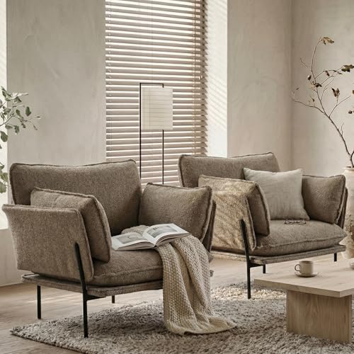 Image of Modern Boucle Accent Chairs Set of 2 for Living Room Chairs,Oversized Upholstered Reading Chair Lounge Armchair with Sturdy Metal Legs,Comfy Single Sofa Chair for Living Room,Waiting Room(Brown)