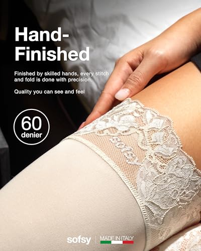 Image of sofsy 100% OEKO-TEX Certified - Italian Women's Opaque Thigh High Stockings | Ultra Soft Dual Silicone Lace Top Stay Ups