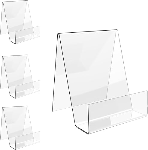 Boloyo Soporte de acrílico para libros con repisa, 4 piezas de 4 pulgadas, caballete de exhibición de acrílico transparente, soporte para tableta