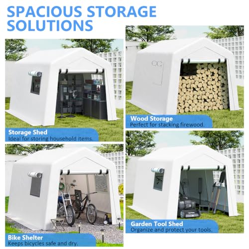 Image of Jocoevol 8x10 FT Enclosed Carport with Roll-up Windows, Removable Sidewalls & Doors and Wind Ropes for Bike Motorcycle, White