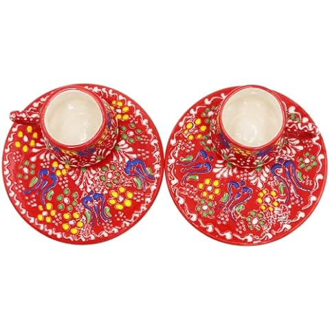 HeraCraft 2 pcs %100 Hand Painted Turkish Ceramic Coffee Cups with Large Round Saucers - 13.5cm/5.3" -85ml/2.9 oz - Espresso Milk Tea Latte Chocolate Juice etc - Best Gift Set Cover