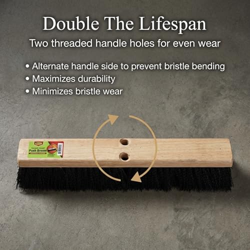 Image of Black Indoor Push Broom Head - Heavy Duty Hardwood Block - Polypropylene Bristles - Deck Scrub Brush - Two Threaded Handle Holes for Better Assist (16 inch)