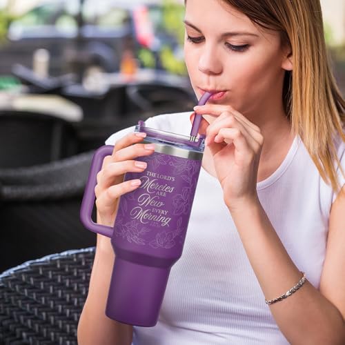 Image of Christian Art Gifts Extra Large Inspirational Scripture Engraved Insulated Stainless Steel Travel Tumbler for Women: Mercies Are New Twist Dial Lid, Reusable Straw & Silicone Tip, Purple Floral, 40 oz