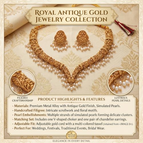 Image of Gold-Plated Antique Temple Jewellery Set for Women - Traditional Necklace with Large Peacock Pendant & Matching Jhumka Earrings | Ethnic Festive & Bridal Wear Set with Ruby & Emerald Accents