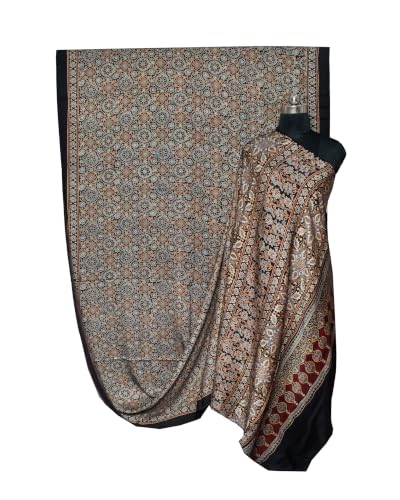 Image of Ethnics of Kutch Womenss Ajrakh Modal Silk Natural Dye Hand Block Print Saree with Blouse Piece - 5.5 Mtr Length