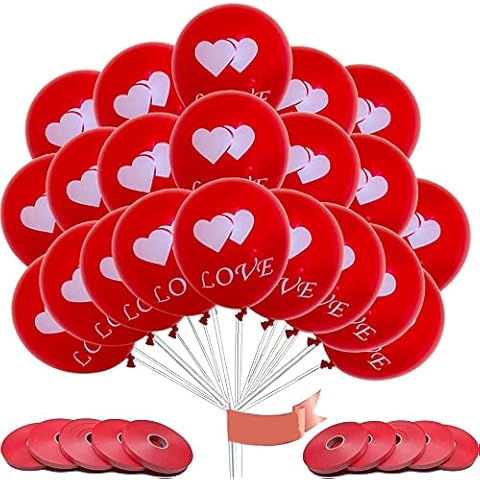 HK balloons White Love Printed Red Latex Balloons and 50meter Ribbon Roll for Valentine's day Party Wedding Anniversary Party Birthday Decoration Party Supplies Pack of 25 Cover