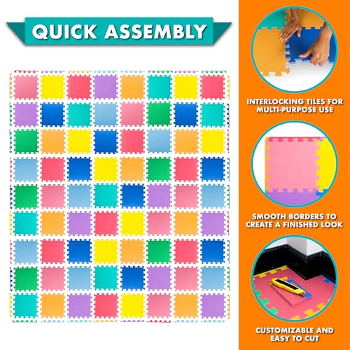 Image of ProSource Baby Play Mat, Soft Foam Floor Tiles for Kids, Interlocking EVA Panels for Playpen Use, Crawling Development Surface, Safe Non-Toxic Toddler Flooring, 72 Tiles, Multicolor