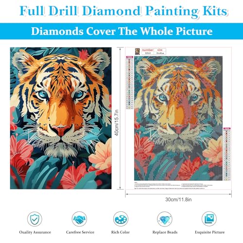 Image of HEIBAGO Tiger Diamond Art Kits for Adults, Diamond Painting Kits for Adults Beginners, 5D Full Drill Round Diamond Art Painting, DIY Diamond Dots for Adult for Home Wall Decor 12 x 16 Inch