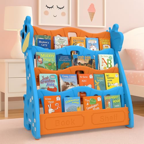 Image of Amazon Brand - Jam & Honey Animal Theme Bookshelf for Kids|4-Tier Display Rack |Storage|Organizing|Kids Bookcase|Perfect for Home,Play-Schools,Nursery|Easy Assembly| Compact|Plastic,Blue Orange