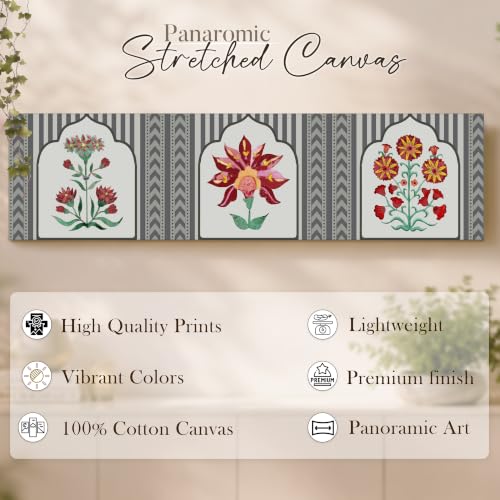 Image of Large Stretched Canvas Painting, Panel Wall Painting Traditional Indian Lotus Motif Luxury Paintings for Home Decoration, Living room, Bedroom and Office Decor (Red, 12x46 Inch)