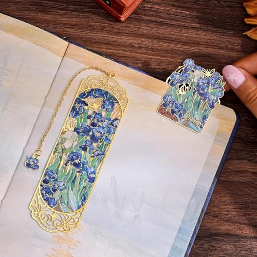 Image of Bookmark Gift Set of 2 Metal Bookmark and Page Clip, Artistic Floral Iris Embossed Hollow Design with Chain Charm, Premium Book Marker Gift for Readers, Students, Women and Men