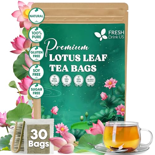 Image of FreshDrinkUS, Premium 30 Lotus Leaf Tea Bags, 100% Natural & Pure from Lotus Leaves. Loose Leaf Lotus Herbal Tea. Made with Eco-Conscious Tea Bags. No Sugar, No Caffeine, No Gluten, Vegan.