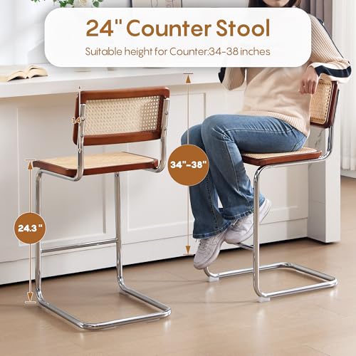 Image of Natural Rattan Counter Stools with Cane Back, 24 Inches Mid Century Modern Cesca Bar Stools, Rustic Bar Stools with Metal Frame for Kitchen Island,Home Pub (Brown, Set of 2)