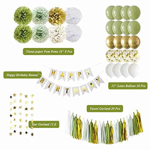 Ansomo Olive Green And Gold Happy Birthday Party Decorations Sage Green White Avocado Safari Botanical Greenery Neutral Décor Supplies Balloons Tissue Paper Pom Poms Tassel Garland Boys Girls Women Men #TOP1