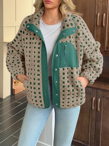 Tankaneo Women Fleece Sherpa Jacket Fuzzy Checkered Button Down Winter Coat - image 2