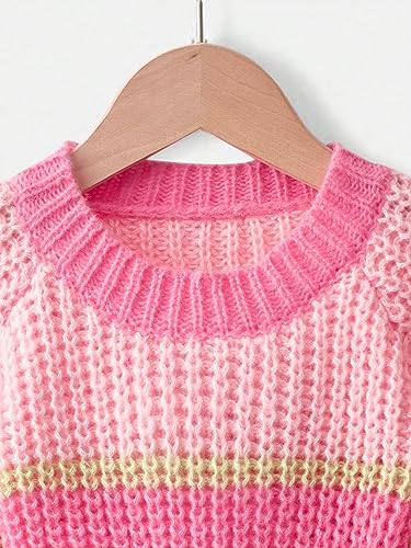 WDIRARA Girl's Striped Colorblock Round Neck Long Sleeve Crop Sweater Knit Pullovers3