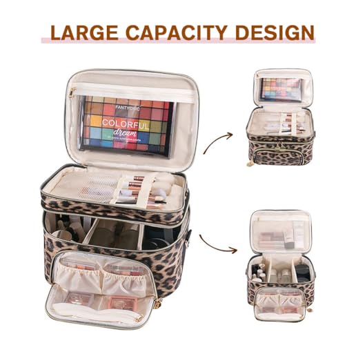 FITINI Double Layer Travel Leopard Makeup Bag,Extra Large Women Cosmetic Organizer Case,Skin Care Essentials Toiletries Bags with Shoulder Strap Waterproof Brush Storage with Removable Dividers4