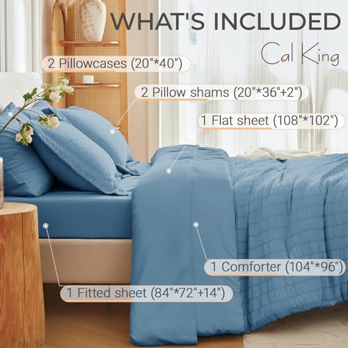 Image of MUXHOMO 7 Pieces California King Comforter Set, Seersucker Bed in a Bag Cal King Size, All Season Luxury Bedding Set with Comforter, Flat Sheet, Fitted Sheet, Pillowcases & Shams, Mineral Blue