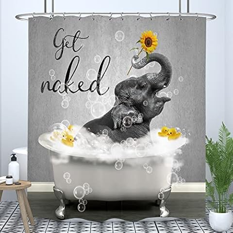 LIGHTINHOME Funny Elephant Shower Curtain 72Wx72H Inches Boho Get Naked Cute Animal Duck Bubble in Bathtub Kids Sunflower Rustic Cloth Fabric Waterproof Polyester Bathroom Home Decor Set with Hooks Cover