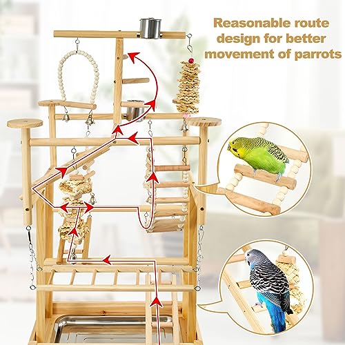image for LIMIO Bird Playground - Natural Wood Parrot Playstand with Perches, Bi