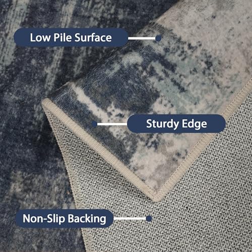 Area Rugs 8x10 for Living Room Bedroom, Modern Abstract Machine Washable Large Soft Navy Blue Rug, Low Pile Floor Carpet with Non Slip Backing for Dining Room, Harbor/Navy Blue