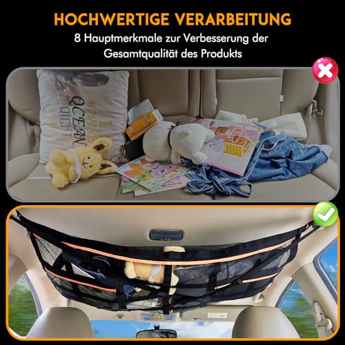 HAPPY FINDING Autodach Gepäcknetz Decke, 90 × 65 cm Universal Aufbewahrungsnetz mit Verstellbare Kreuzgurte und 3 unabhängige Reißverschlusstaschen für Vier Dach Armlehnen auf Autos, Jeeps, Van, SUV