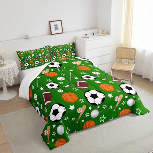 Image of Feelyou Sports Theme Bedding Set Queen Size Basketball Football Baseball Hockey Comforter Set for Kids Boys Girls Teens Toddler Ball Games Duvet Set Green Quilt Set 2Pcs