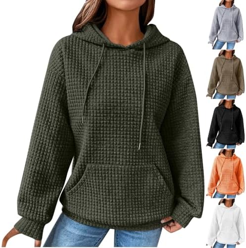 Womens Oversized Hoodies Trendy Waffle Long Sleeve Hooded Sweatshirt Loose Fit Drawstring Pullover Sweater